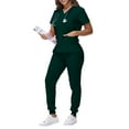 thumbnail image 2 of DENGDENG Women Stretch Scrubs Set Workwear Nurse Short Sleeve V Neck Scrub Tops Elastic Waist Jogger Pants Stretch Nursing Uniform Breathable Scrub Suit with Pockets,Dark Green M, 2 of 5