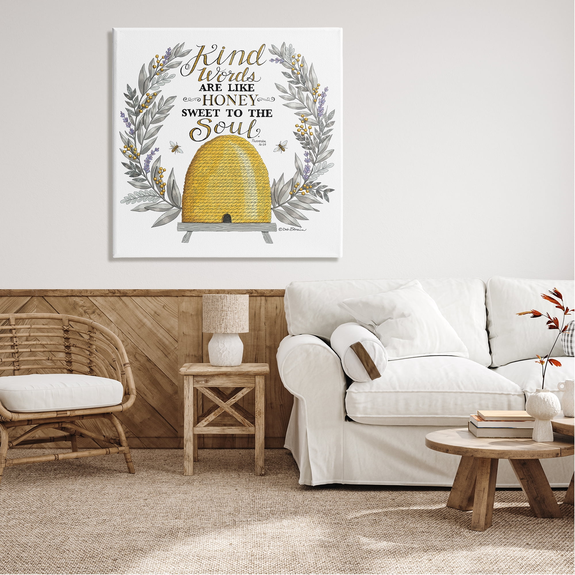 Stupell Industries Kind Words Comforting Bee Hive Phrase Botanical Laurels Graphic Art Gallery Wrapped Canvas Print Wall Art, Design by Deb Strain