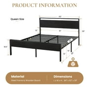 Sha Cerlin Black Oak Queen Size Metal Platform Bed Frame with Wooden Headboard & Underbed Storage, Adult