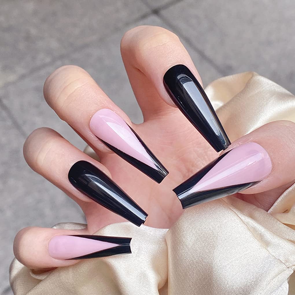 Extra Long French Fake Nails Press on Nails Coffin with black pink,Acrylic Nails for Women and Grils,Thick Full Cover Coffin False Nails,Stick on Nails Press on for Nail Art Decoration24Pcs Extra Long French Fake Nails Press on Nails Coffin with black pink,Acrylic Nails for Women and Grils,Thick Full Cover Coffin False Nails,Stick on Nails Press on for Nail Art Decoration24Pcs