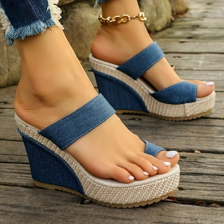 

YOUSNH New Wedge Heel Thick Soled Slip Toe Ladies Sandals Lady Sandals Women Slippers Summer Sandals for Women 2024 Blue 8(40)