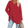 thumbnail image 2 of YWDJ Graphic Tees for Women Trendy Women's Casual V-Neck Long Sleeve Solid Loose Shirt Blouse Tops Red XL, 2 of 6