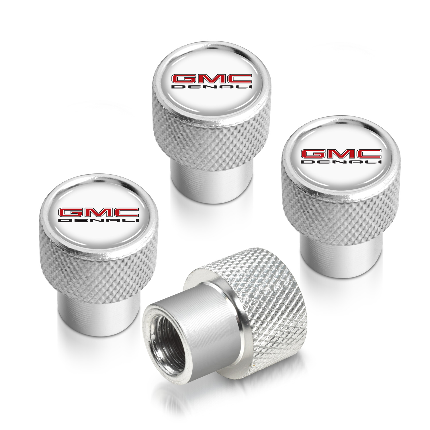 GMC Denali Nameplate in White on Shining Silver Aluminum Tire Valve Stem Caps