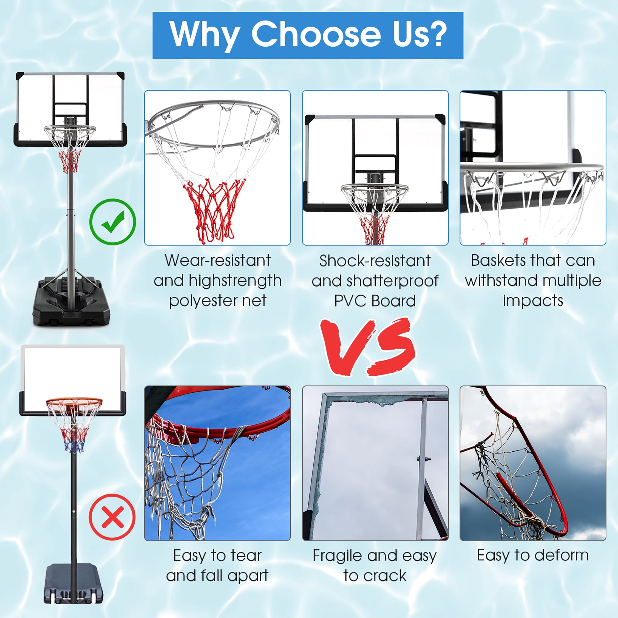 Costway 64''-79'' Height Adjustable Poolside Basketball Hoop Goal System with44'' Backboard Black