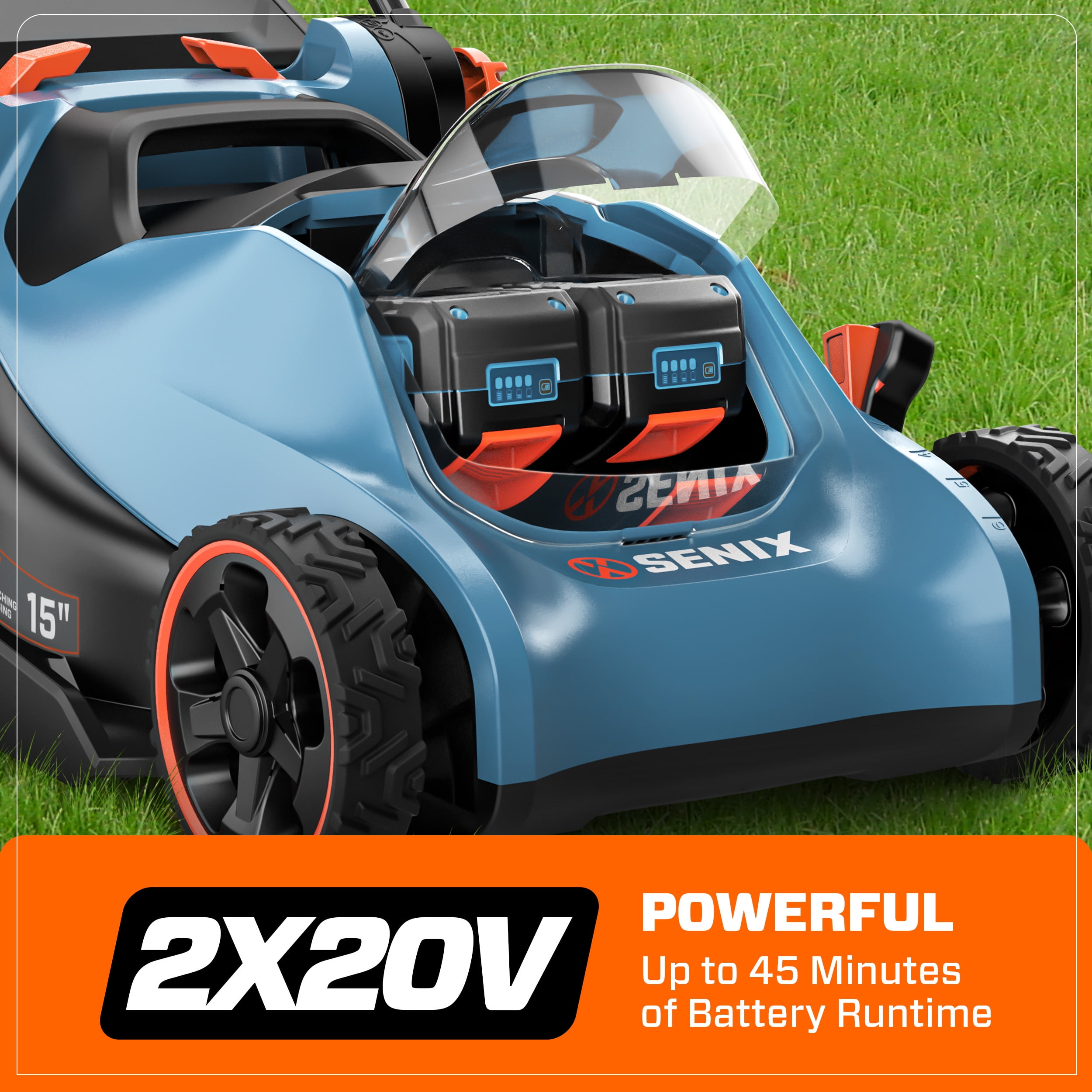 SENIX Cordless 4-Tool Combo Kit, 15" Cordless Lawn Mower, 10" String Trimmer, 350 CFM Leaf Blower & 24" Hedge Trimmer, Batteries & Chargers Included