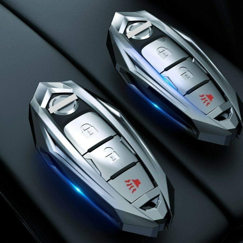 For Nissan key fob cover 3 button, Metal Key Fob Case for Nissan Altima Maxima Murano Rogue Sentra 370z Pathfinder Series Key Holder with Keychain (Grey)