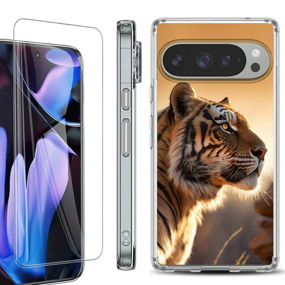 For Google Pixel 9 Pro XL Phone Case Cover, Shockproof Bumper Case with Tempered Glass Screen Protector, by OneToughShield - Tiger