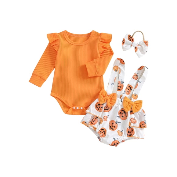 Gupgi 2 Piece Baby Girl Pumpkin Outfit Autumn Newborn Infant Long Sleeve Romper+Pumpkin Print Overall Shorts+Headband