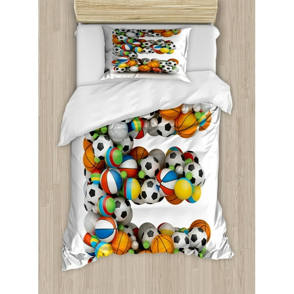 Letter E Twin Size Duvet Cover Set, ABC of Sports Concept Different Gaming Balls First Name Initial Monogram Design, Decorative 2 Piece Bedding Set with 1 Pillow Sham, Multicolor, by Ambesonne