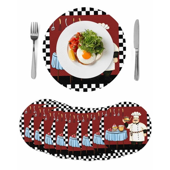 Chef Round 13 Inch Placemats Set of 8, Cartoon Red Food Cooking Black White Buffalo Check HeatResistant Non Slip Place Mats for Dining Table, Wipeable Braided Kitchen Table Mats for Housewarming