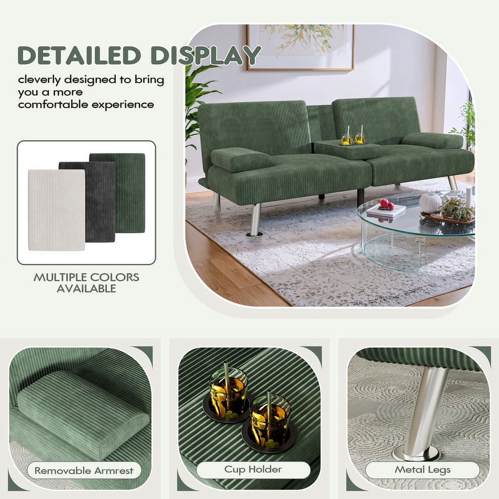 Vineego Convertible Corduroy Futon Sofa Bed with Removable Armrests,Green