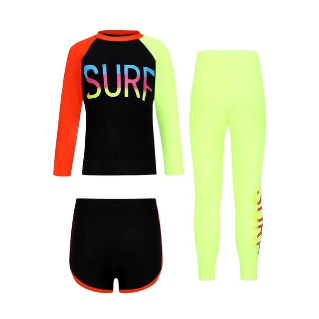 Eandarui Girls/Boys Sun Protection Swimsuit 3 Piece Long Sleeve Rash Guard Shirts with Swim Shorts Pants Black M