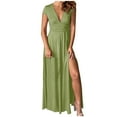 thumbnail image 2 of Antinious Ladies Summer Dress,Formal Party Dresses for Women,Evening Dresses for Women Short Sleeve V-Neck Fold High Waisted Solid Maxi Dresses,Army Green,L, 2 of 5