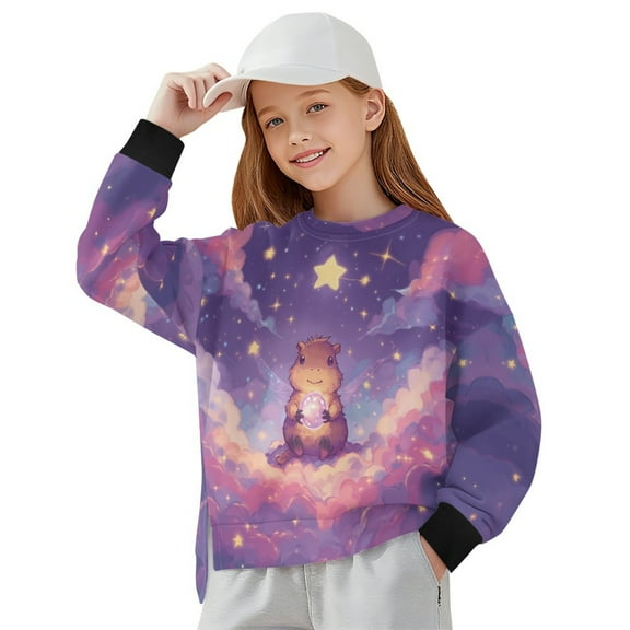 Xoenoiee Capybara Star Cloud Print Oversized Sweatshirts for Girls Crew Neck Long Sleeve Shirts Casual Loose Slit Pullover Top Fall Outfits, 5-6 Years