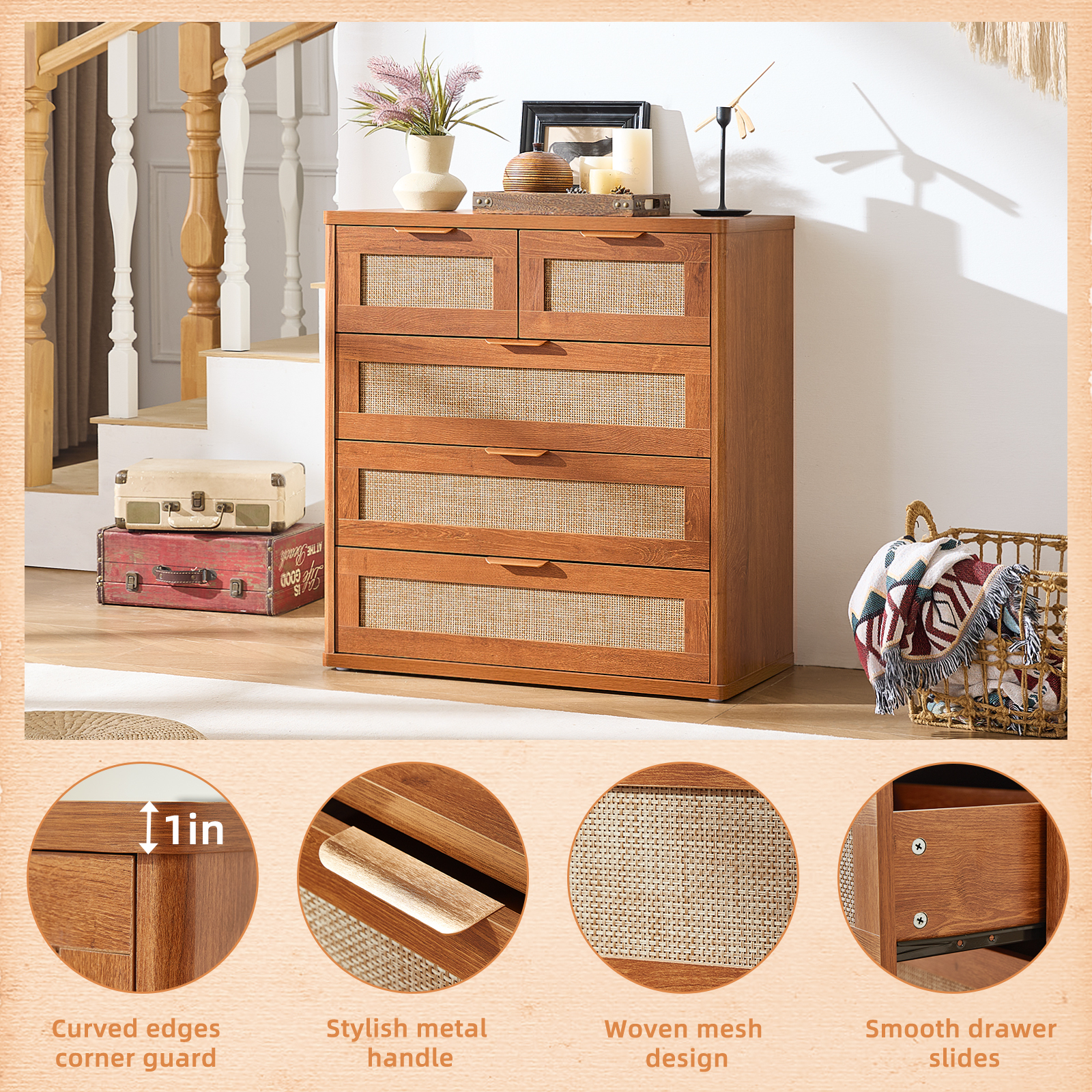 2 Pcs Rattan Drawer Dresser for Bedroom, Tea Brown Wooden Chest of Drawers, Modern 5 Drawer Chest Storage Dresser for Closet, Living Room, Hallway