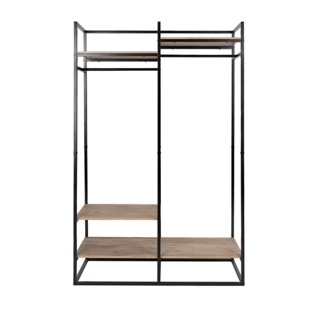 BETTER HOMES & GARDENS JACE FREESTANDING METAL 2-ROD GARMENT CLOTHES RACK WITH 4 WOODEN SHELVES, BLACK