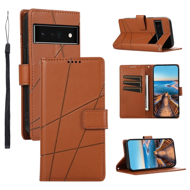 Google Pixel 6 Pro Case ,Vintage PU Leather Flip Cover Card Slots Magnetic Kickstand Hand Strap Case for Google Pixel 6 Pro