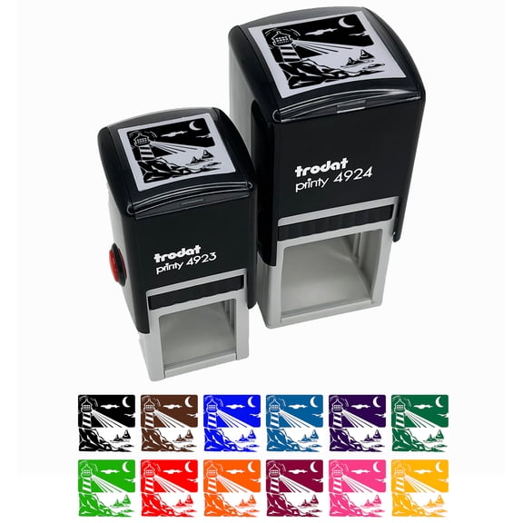 Lighthouse On the Ocean Under Night Sky Self-Inking Rubber Stamp Ink Stamper - Black Ink - Small 1 Inch