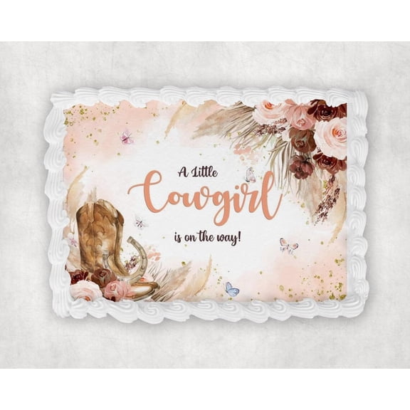 A Little Cowgirl Is on the Way Cake Image Topper, Western Baby Shower Cake Decoration, Personalized 1/4 Sheet Edible Cake Banner for Girl Baby Shower Parties