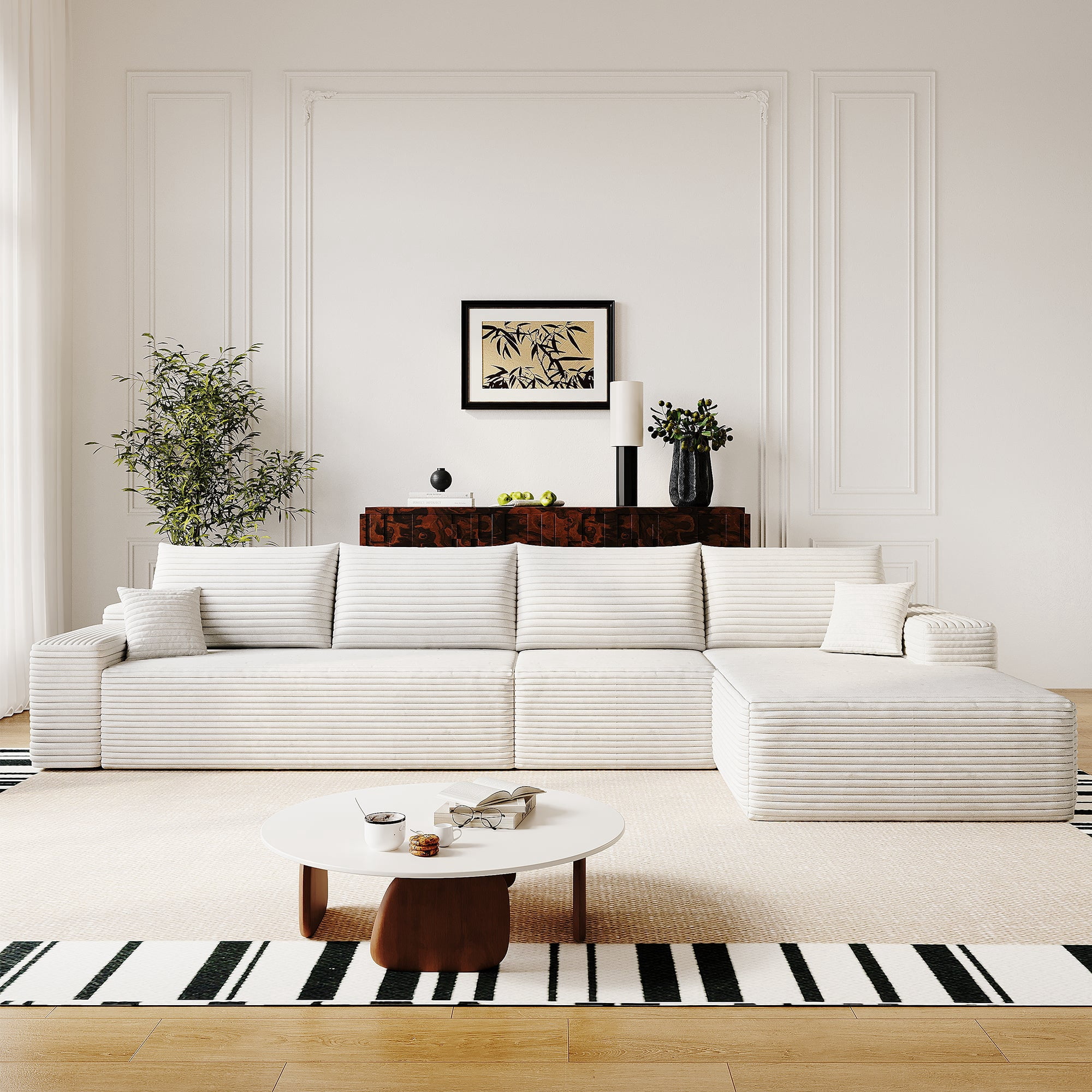 Sailvan 135" Cloud Sectional Couch, Cloudy Sofa with L-Shape Chaise, Upholstered Couches for Living Room & Bedroom, No Assembly Required, Plush Corduroy Fabric, Beige