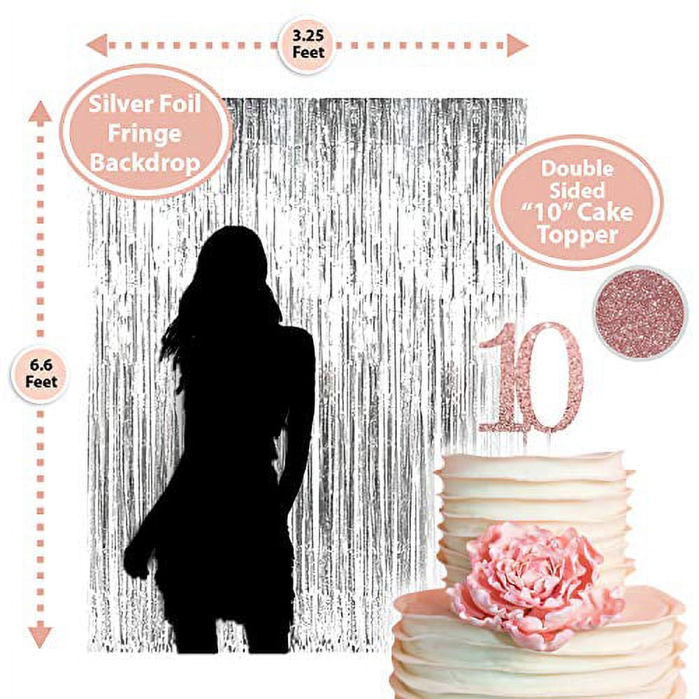 Rose Gold 10th Birthday Decoration Kit - Double Digits Balloons, Banner, Cake Topper | Girl's Party Decor