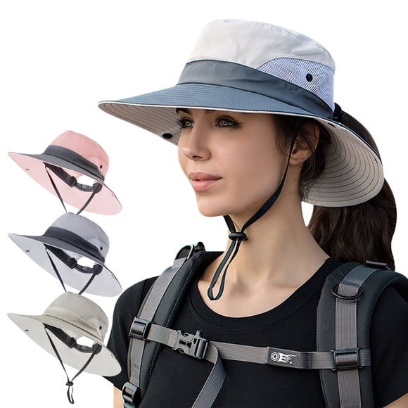 IC ICLOVER Sombrero para el Sol para Mujer, Cubo de Verano, Ala Ancha, Cola de Caballo, Boonie, Sombrero con Protección UV, Gorra de Playa de Malla Fresca Plegable, Gris