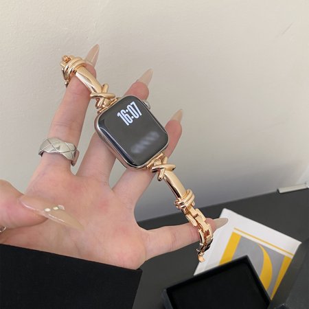 Sleektime Fashion Slim Metal Band for Apple Watch 42mm 44mm 45mm 46mm 49mm – Waterproof Adjustable Elegant Strap for iWatch Series 9 8 7 6 5 4 3 SE Women Men Rosegold