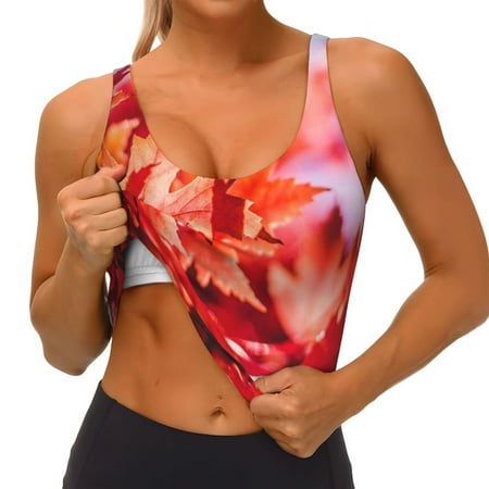 Qokaie Autumn Maple Leaves Pattern Womens Scoop Neck Sports Bra Breathable Workout Vest Padded U Back Medium Impact Fitness Gym Yoga Bra Workout Crop Top