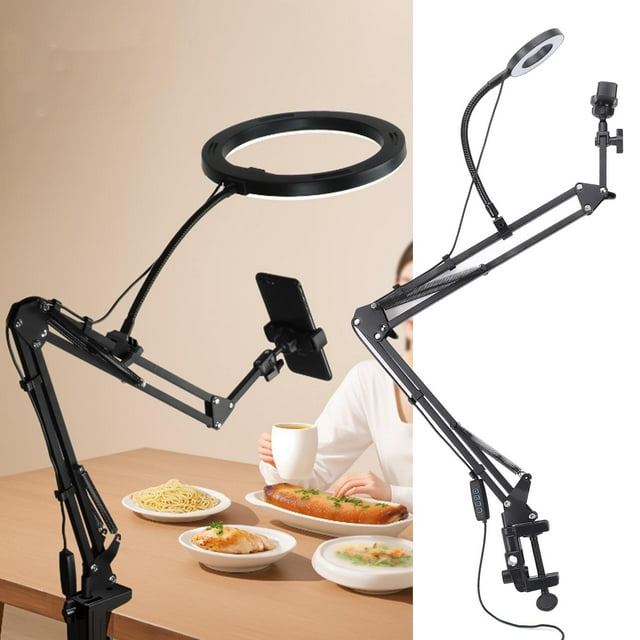 Ring Light with Clamp and Phone Holder, 10 Brightness Levels Adjustable Angle Overhead Phone Mount With Ring Light for Beauty