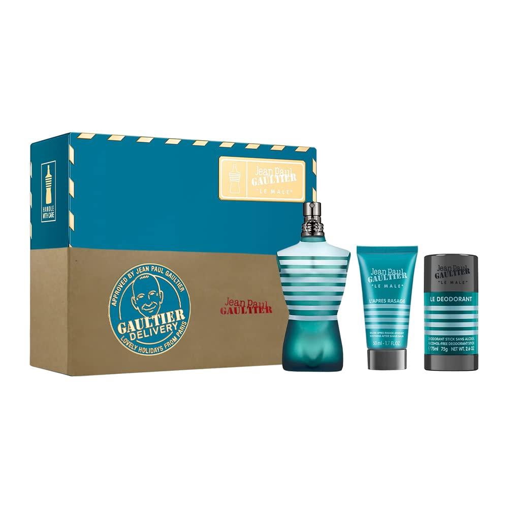Jean Paul Gaultier Le Male , 3 Pc Gift Set 4.2oz EDT Spray, 1.6oz Soothing After Shave Balm, 2.6oz Alcohol-Free Deodorant Stick