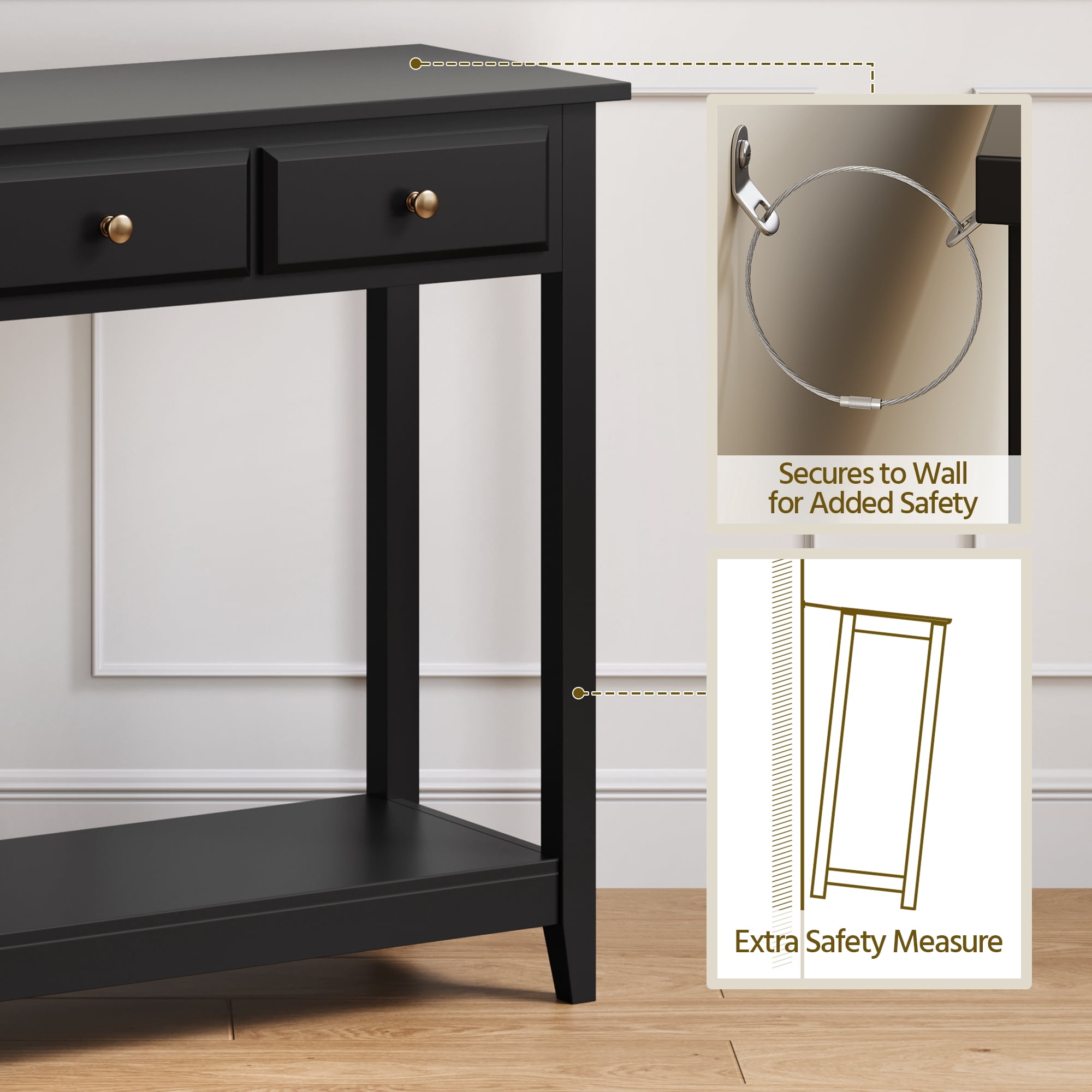 Alden Design 3-Drawer Wooden Console Table with Storage Shelf for Entryway, Black