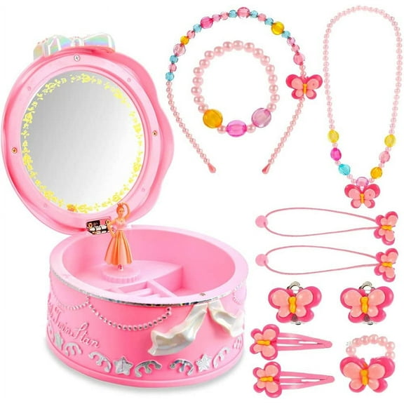 MMTX Kids Jewelry Box Pink Music Box, Round Jewelery Storage Box for Girls, Music Boxes Girls with 360 Degree Rotating Dancing Girls, Children Necklace Bracelet Seven Set
