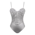 thumbnail image 5 of KHONTS Women Satin Sequin Bodycon Bodysuit Sparkly Spaghetti Strap Jumpsuit Bustier Triangular Romper Summer Y2k Partywear Silver S, 5 of 6