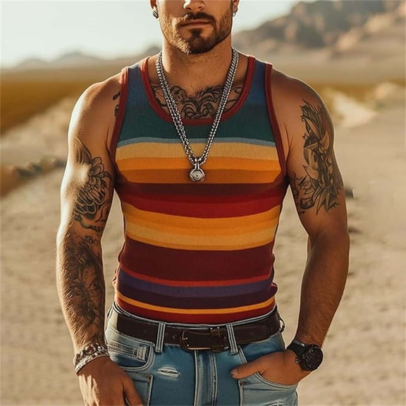 Mens Tank Top Retro Striped Streetwear Workout Summer Sleeveless Gym Classic Fit Breathable Muscle Undershirts for Men Orange L