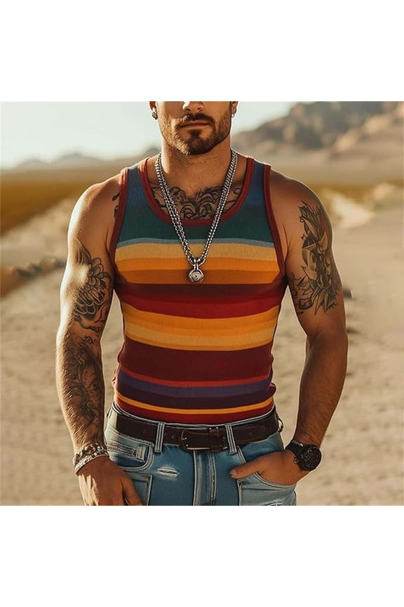 Mens Tank Top Retro Striped Streetwear Workout Summer Sleeveless Gym Classic Fit Breathable Muscle Undershirts for Men Orange L