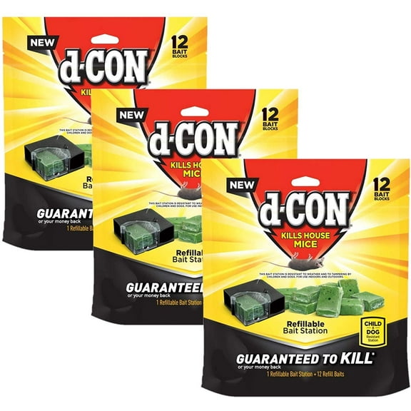 D-Con Corner Fit Mouse Poison Bait Station with 1 Trap & 12 Bait Refills, Pack of 3