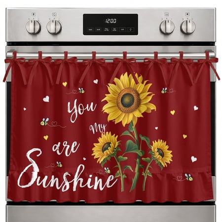 Oven Skirt Curtain You Are My Sunshine Oven Curtain with 8 Ribbon Ties & Ruffle Trim Stove Cover Bee Heart Floral Red Oven Skirts for Stove Dishwasher Cabinet Over Sinks Kitchen Decor 32x24 Inch