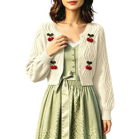 Arlun 3D Cherry Cropped Cardigan Sweater for Women Classic Crew Neck Open Front Long Sleeve Chunky Cardigans Cute Trendy Fall Winter Button down Short Outerwear