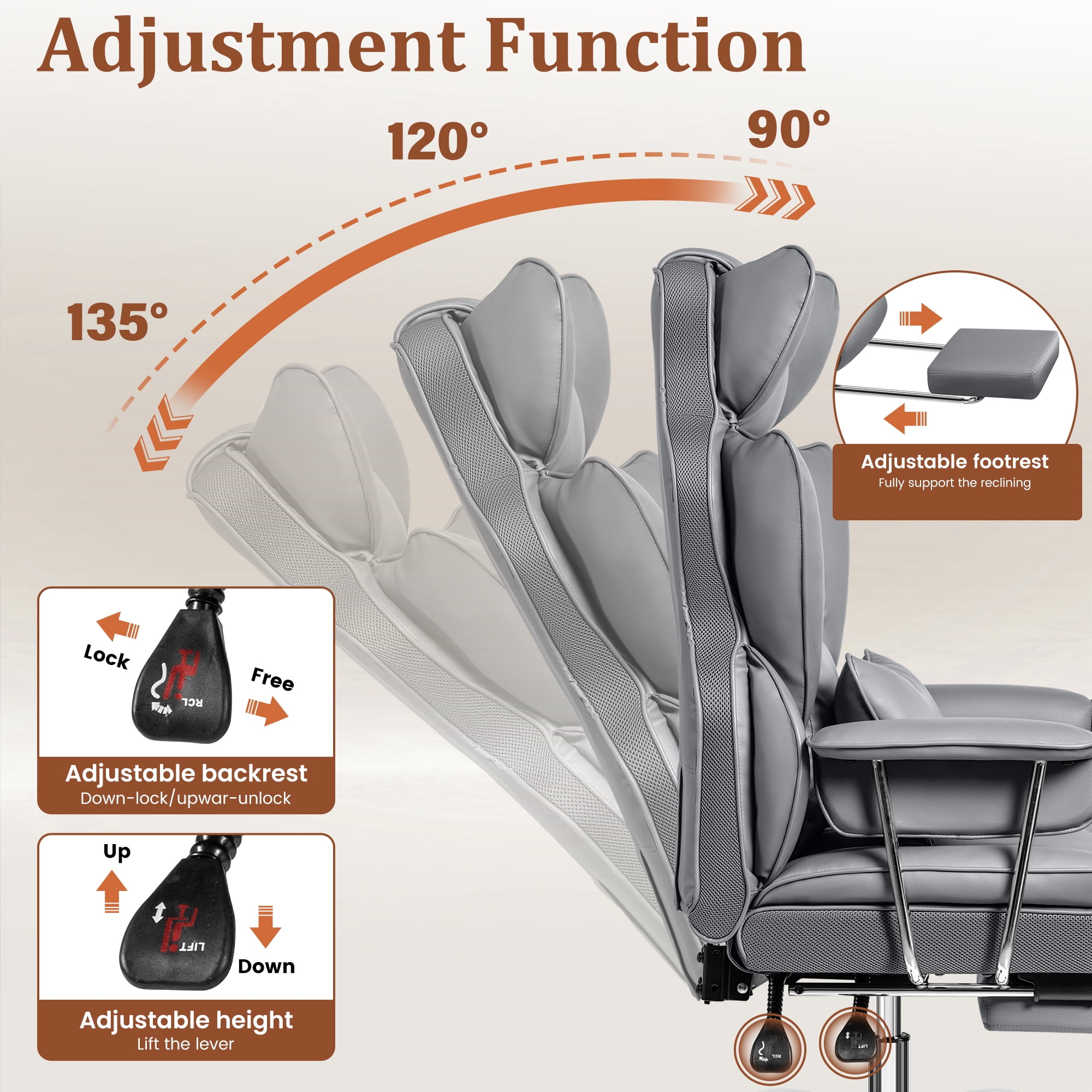 COOLHUT Big and Tall Office Chair 500LBS Wide Seat Ergonomic Computer Desk Chair, PU Leather Executive Office Chair with Footrest, Adjustable Task Chair Lumbar Back Support 8 Hour, Gray