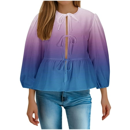 BUIgtTklOP no boundaries Womens Tie Bow Front Peplum Tops Babydoll Long Sleeve Summer Stripe Ruffle Blouse Lace Up Plus Size Shirts