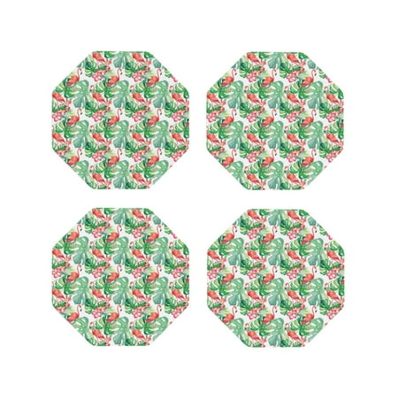 

Fuzoiu Flamingo And Monstera Print Leather Coasters Set Drink Coasters Set of 4 for Tabletop Protection Durable PVC Coasters Home Décor and Housewarming Gift-Octagon