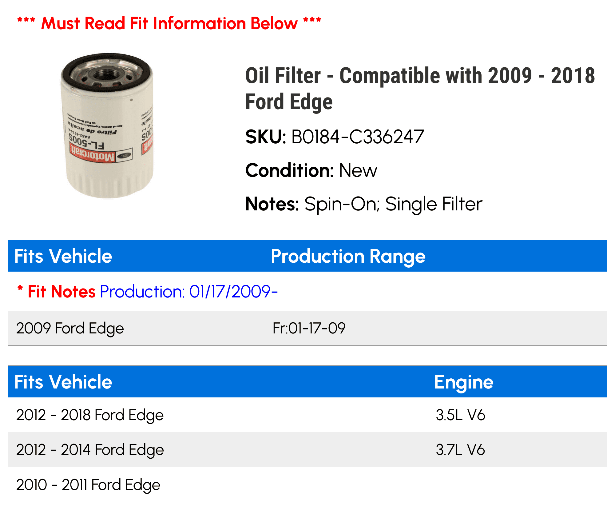 Oil Filter - Compatible with 2009 - 2018 Ford Edge 2010 2011 2012 2013 2014 2015 2016 2017