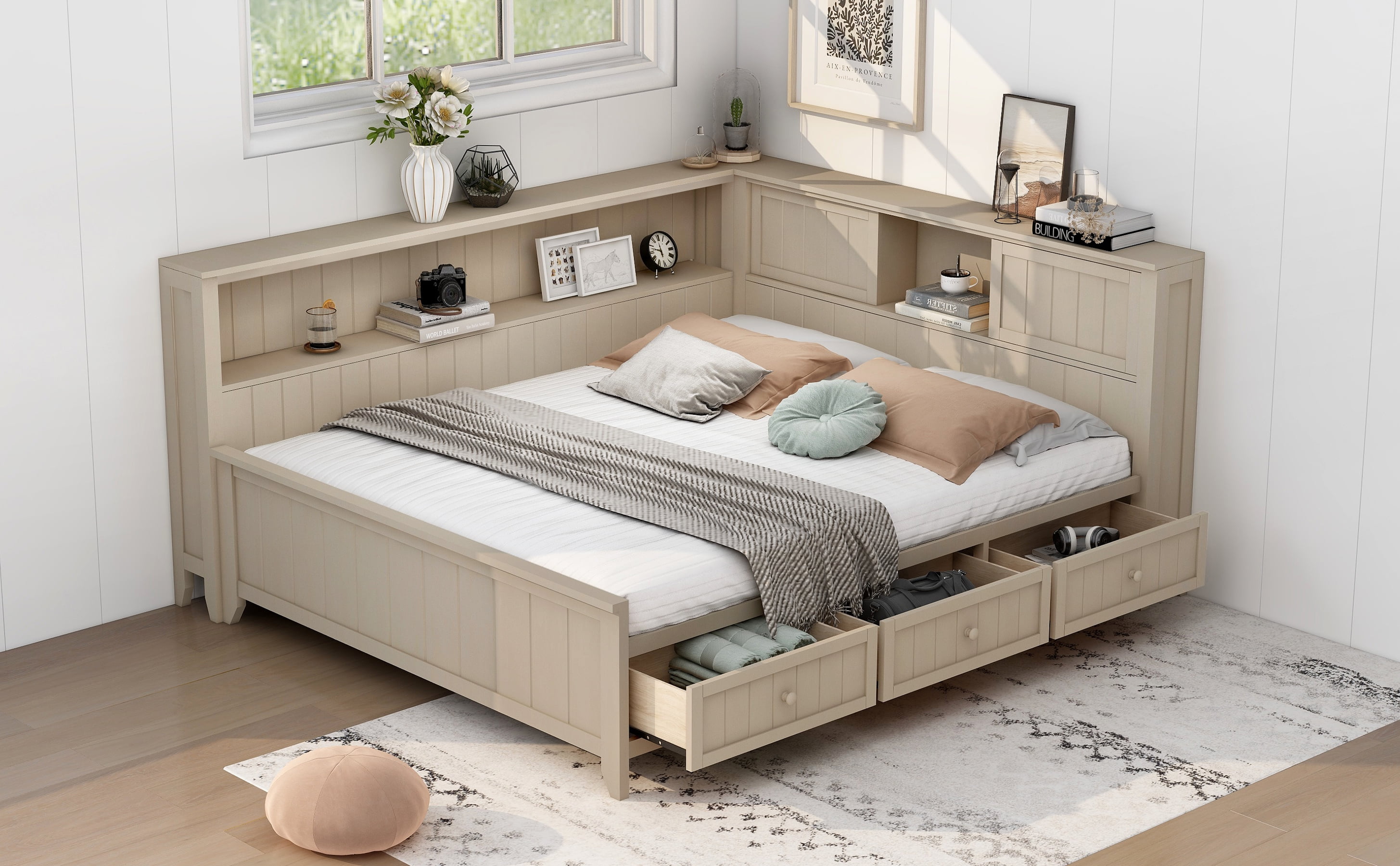 MAYEERTY Full Size Wood Daybed with Storage Shelves and 3 Drawers, Antique White Milk