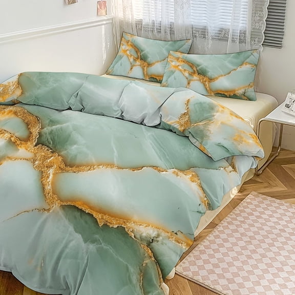 Colorful Marble Green Gilding (79) Duvet Cover Set Themed Multicolor Polyester Bedding Set for Bedroom Decoration