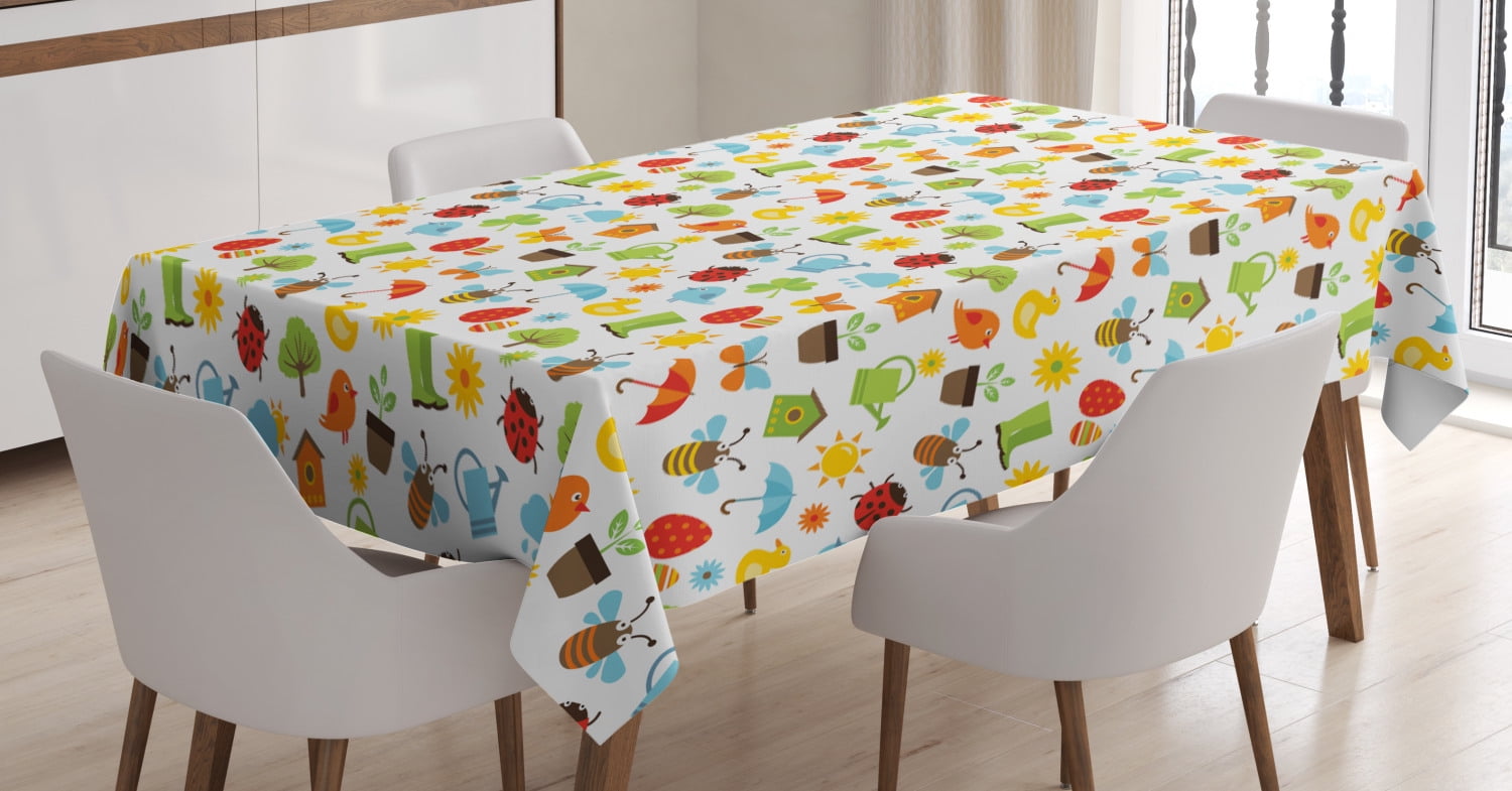 Spring Tablecloth, Seasonal Birds Bees with Blooming Flowers Colorful