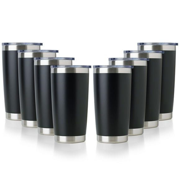 DOMICARE Gobelet en Acier Inoxydable 20oz avec Couvercle, Tasse de Voyage à Double Paroi Isolée sous Vide, Tasse à Café Enduite de Poudre, Noir Poudre, Lot de 8