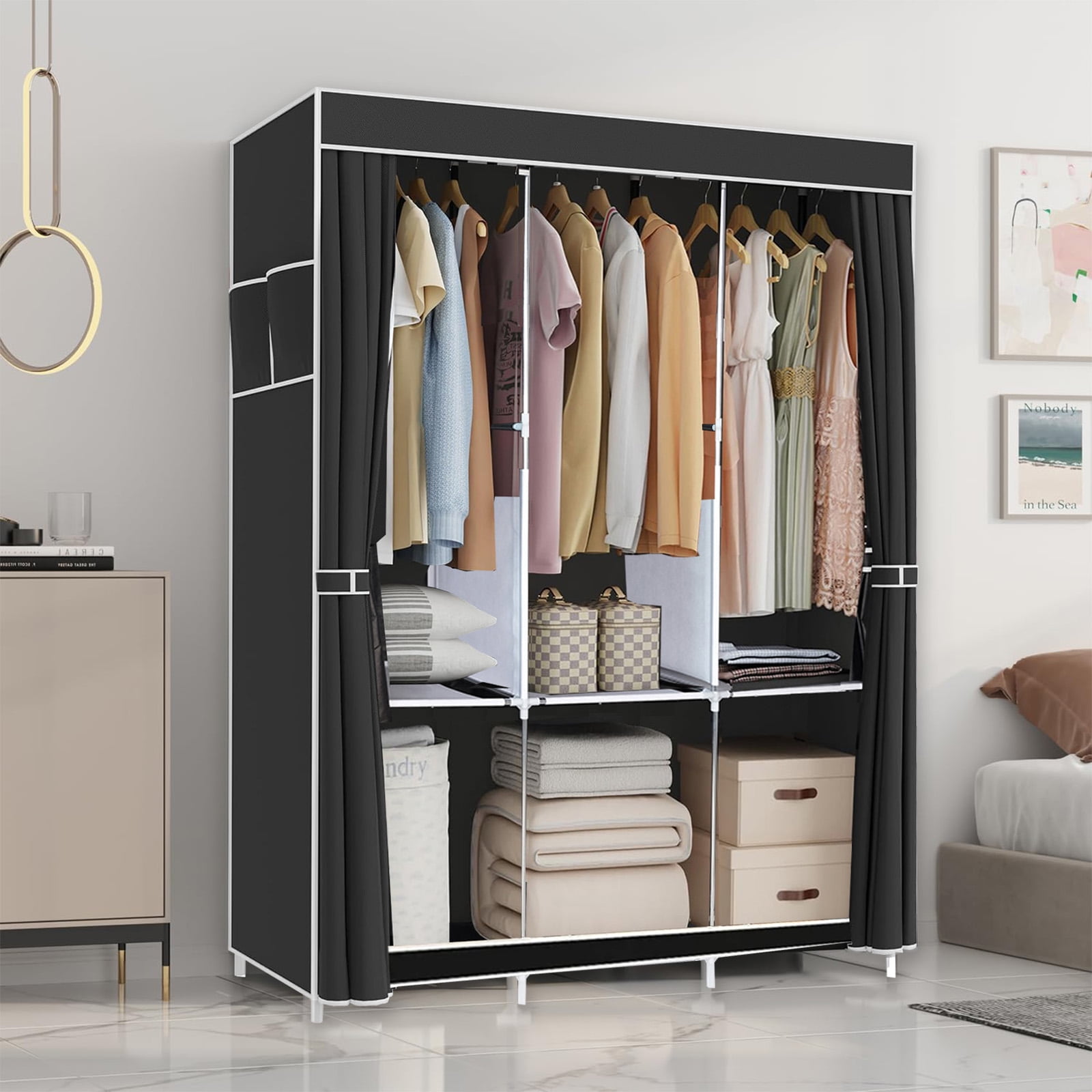 SUSUZI 50" Portable Wardrobe Closet, Black Clothing Organizer with 3 Hanging Rods & 6 Compartments, Steel Frame Storage Rack for Bedroom Walk-in Closet