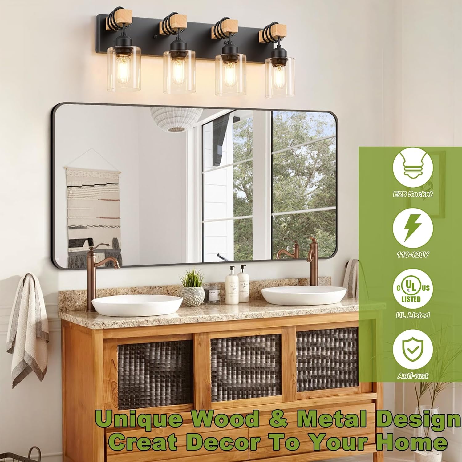 4-Lights Farmhouse Vanity Lights for Bathroom, Matte Black Bathroom Light Fixtures with Clear Glass Shade, Rustic Wood Wall Lighting Fixtures Over Mirror for Bedroom, Living Room, Hallway