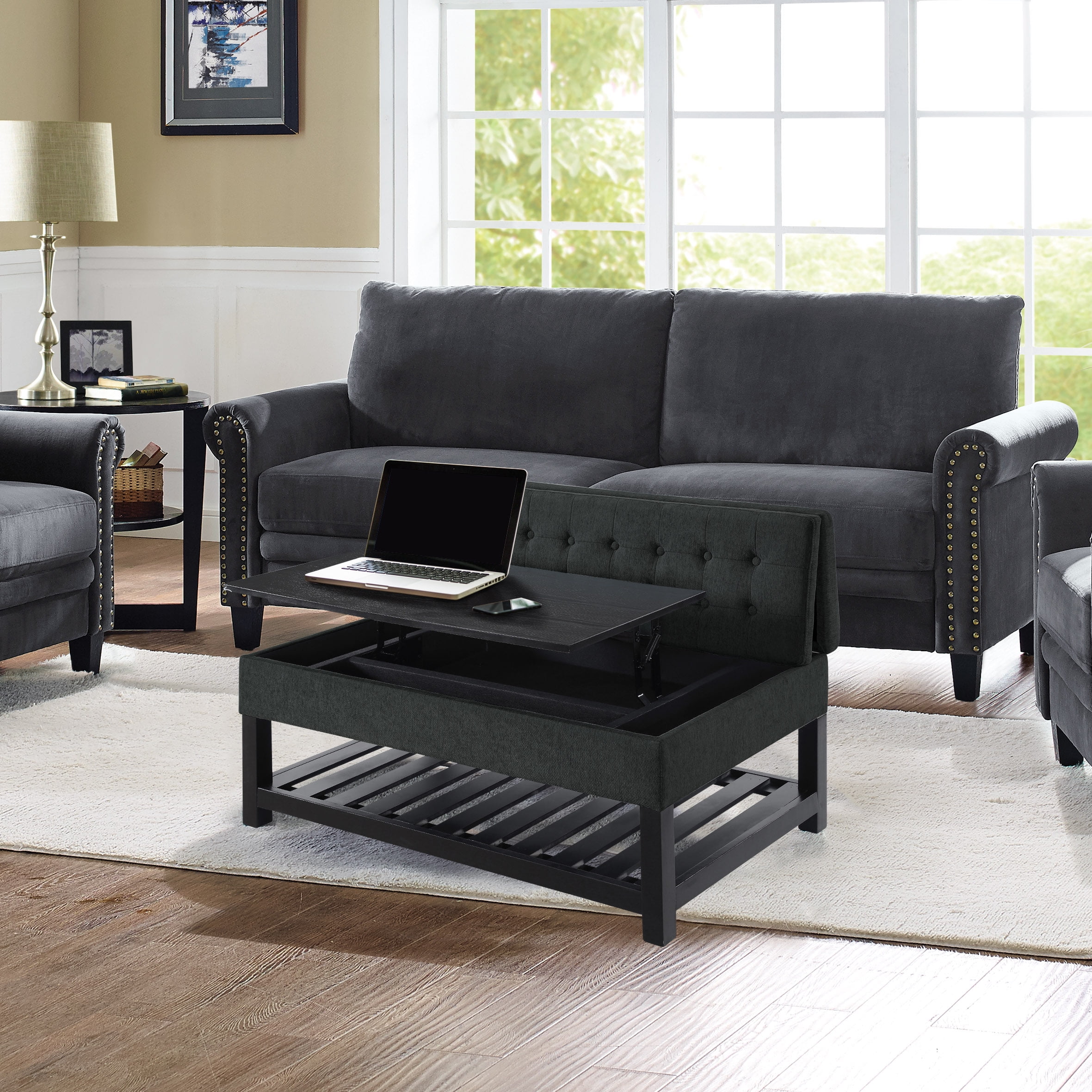 Lucca Solid Wood Tufted Coffee Table Work Table Convertible with