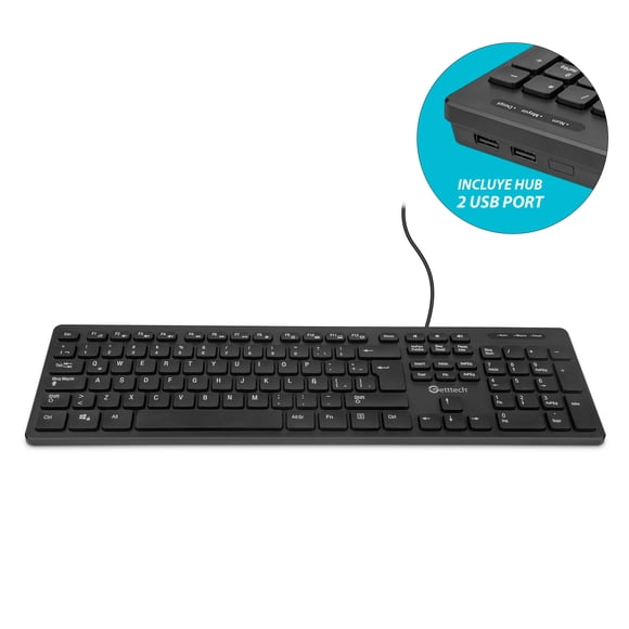 Teclado Slim GETTTECH GGK-ESMWR-01 alambrico cable 1.5m Hub 2 USB-A Teclado color negro idioma español latinoamerica